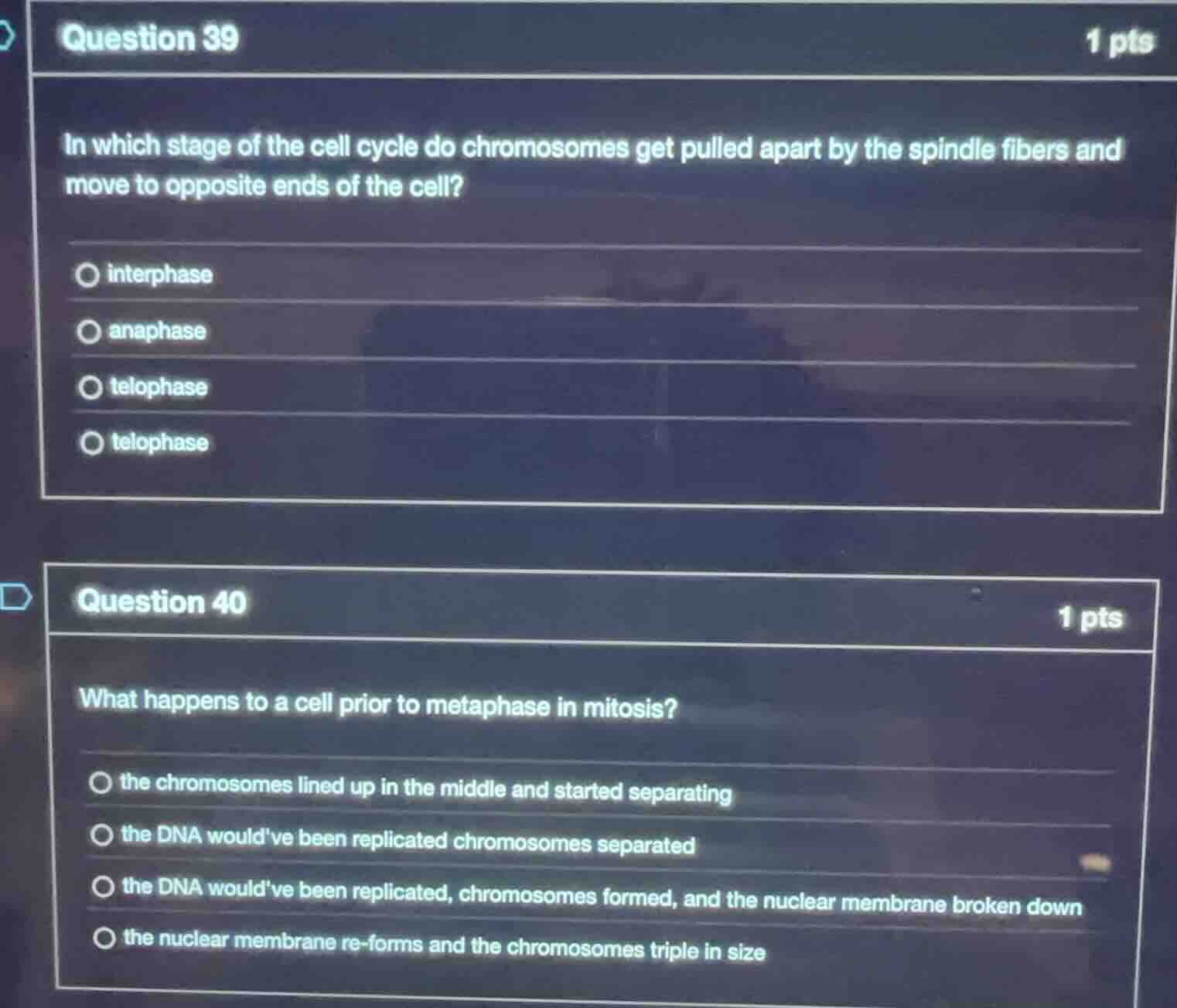 question 39 1 pts in which stage of the cell cycle do chromosomes get p…