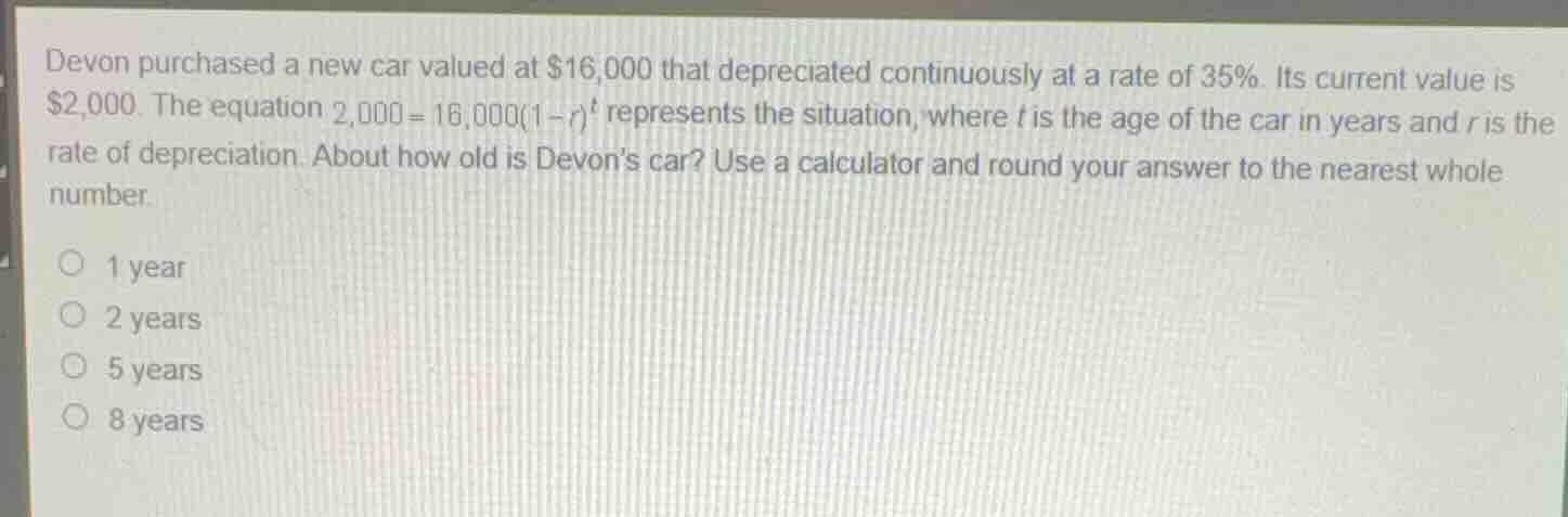 devon purchased a new car valued at \\$16,000 that depreciated continuo…
