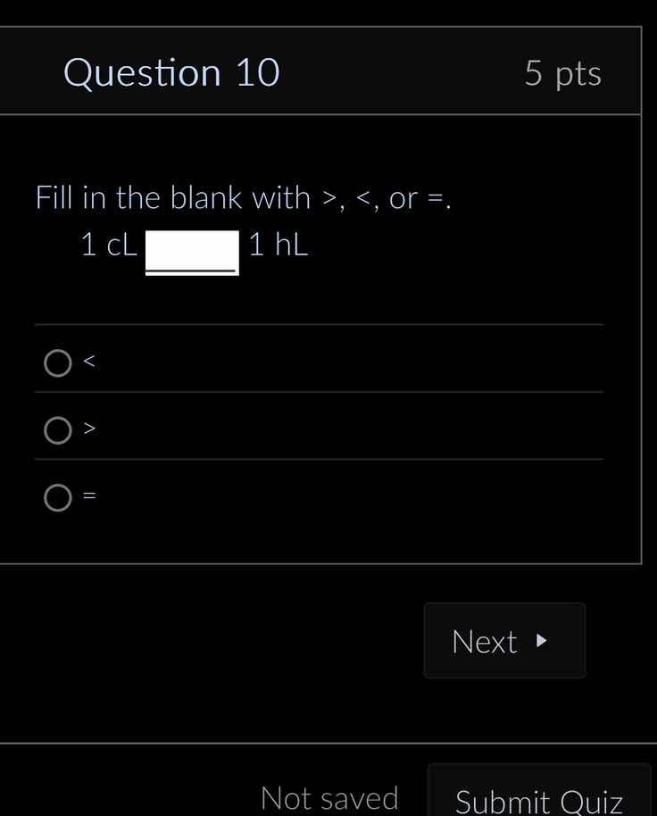question 10 5 pts fill in the blank with \\(>\\), \\(<\\), or \\(=\\). …