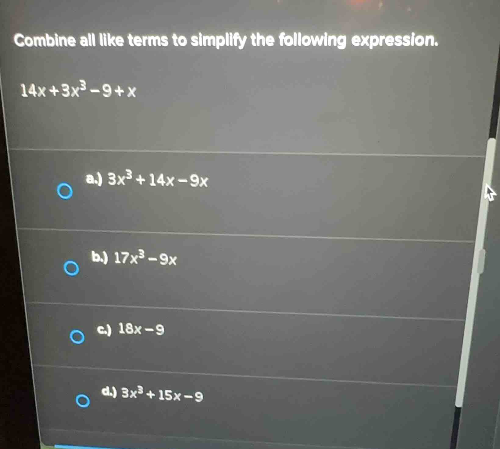 combine all like terms to simplify the following expression. (14x + 3x^…