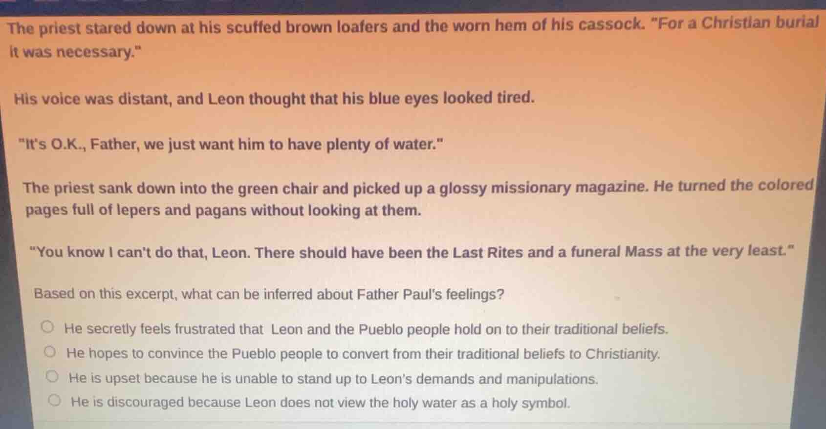 the priest stared down at his scuffed brown loafers and the worn hem of…