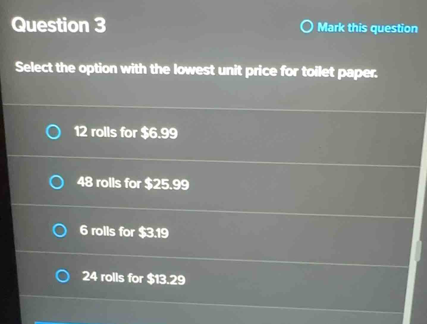 question 3 select the option with the lowest unit price for toilet pape…
