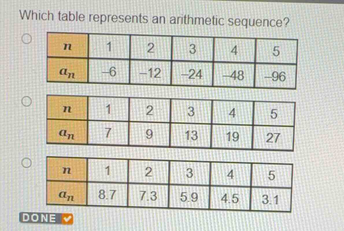 which table represents an arithmetic sequence? \\begin{array}{|c|c|c|c|…