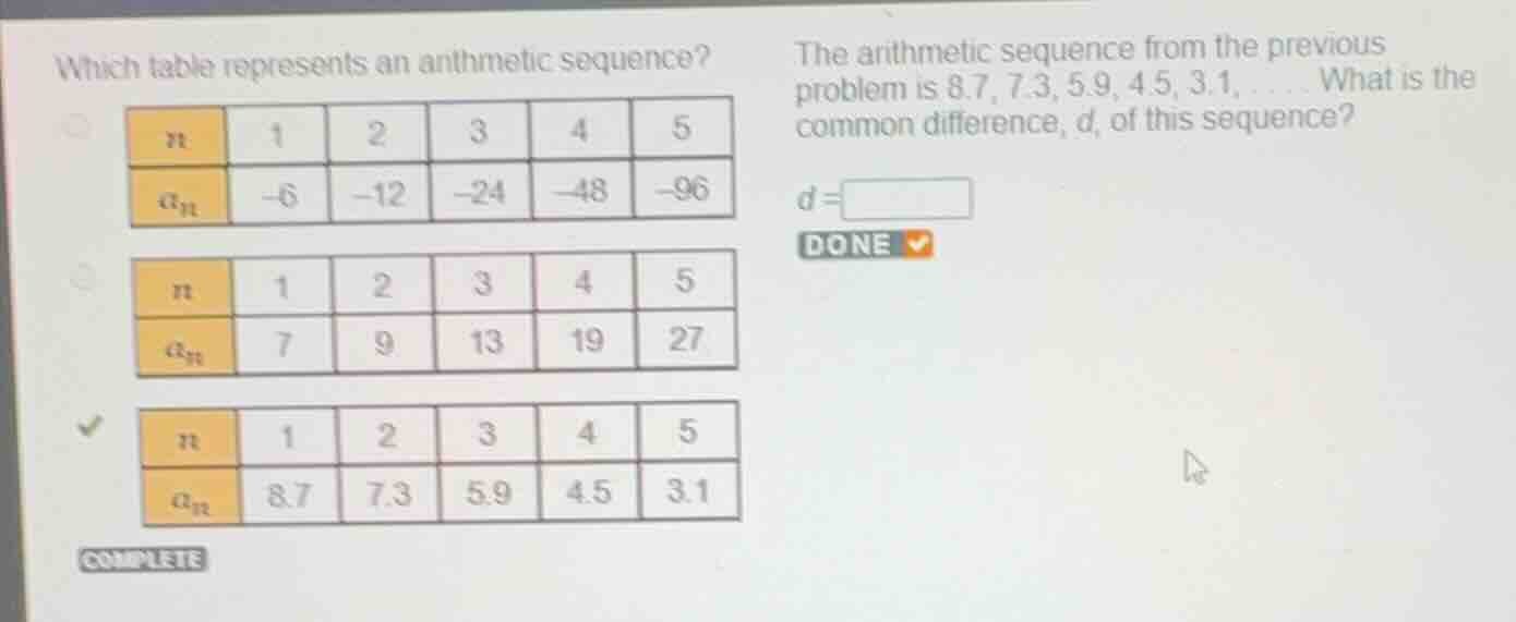 which table represents an arithmetic sequence? table 1: \\(n\\) | 1 | 2…