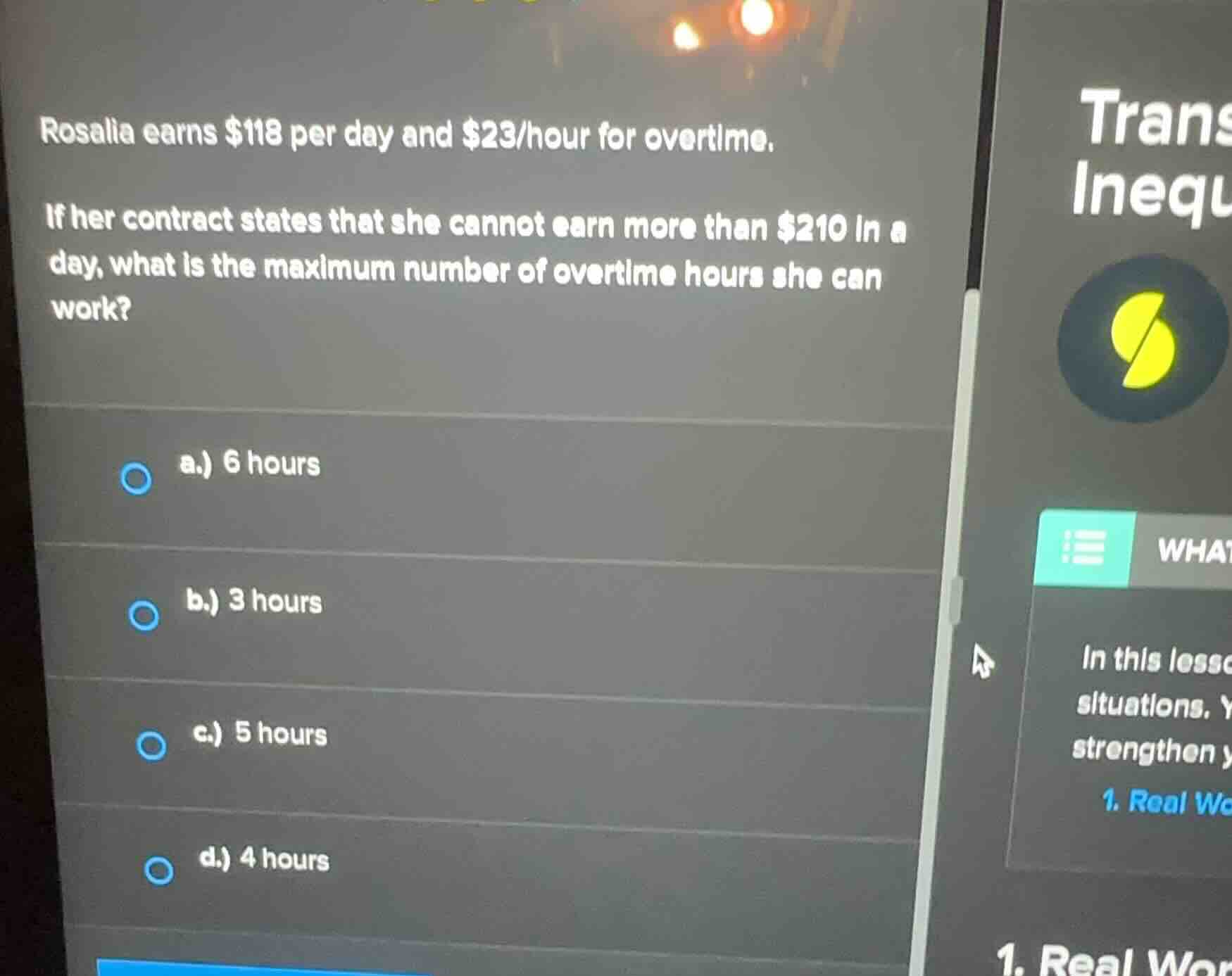 rosalia earns $118 per day and $23/hour for overtime. if her contract s…