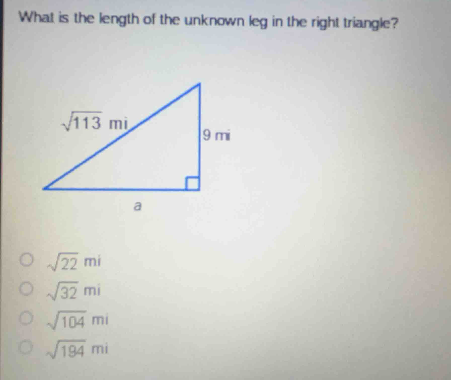 what is the length of the unknown leg in the right triangle? \\(\\sqrt{…