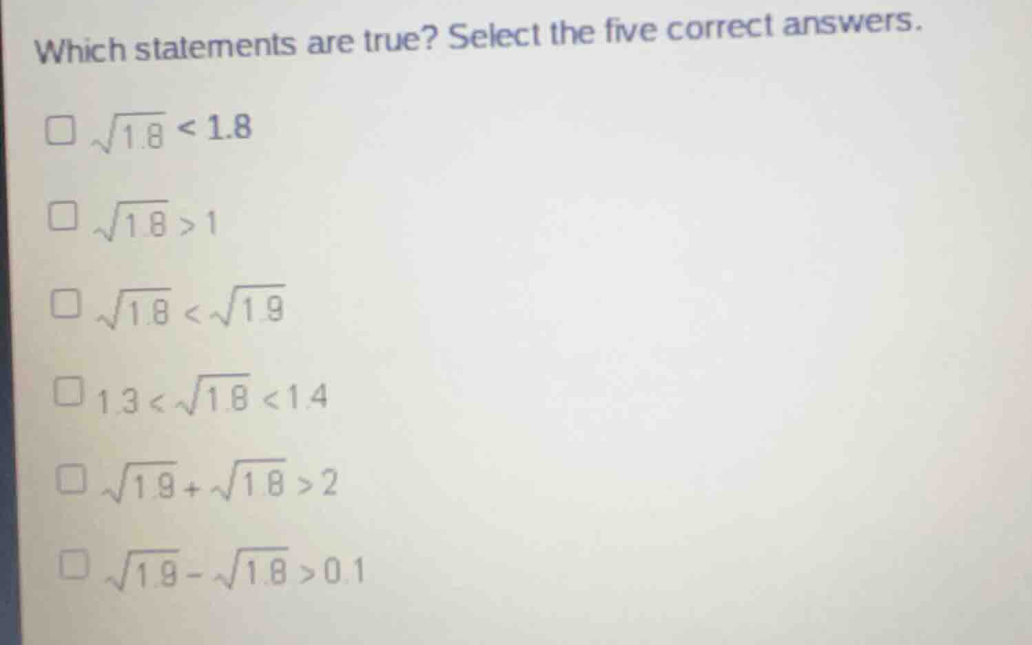 which statements are true? select the five correct answers. \\(\\sqrt{1…