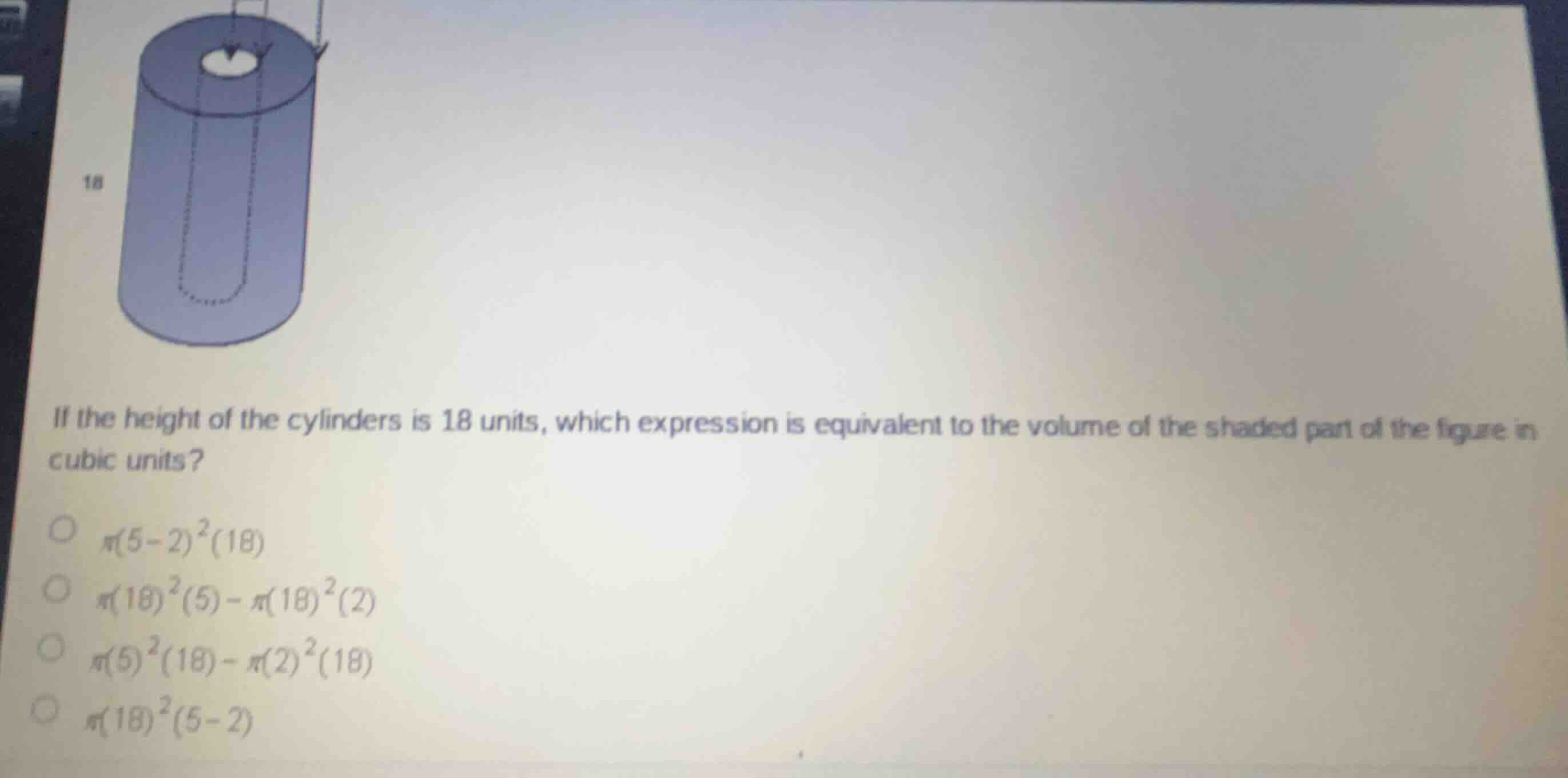 if the height of the cylinders is 18 units, which expression is equival…