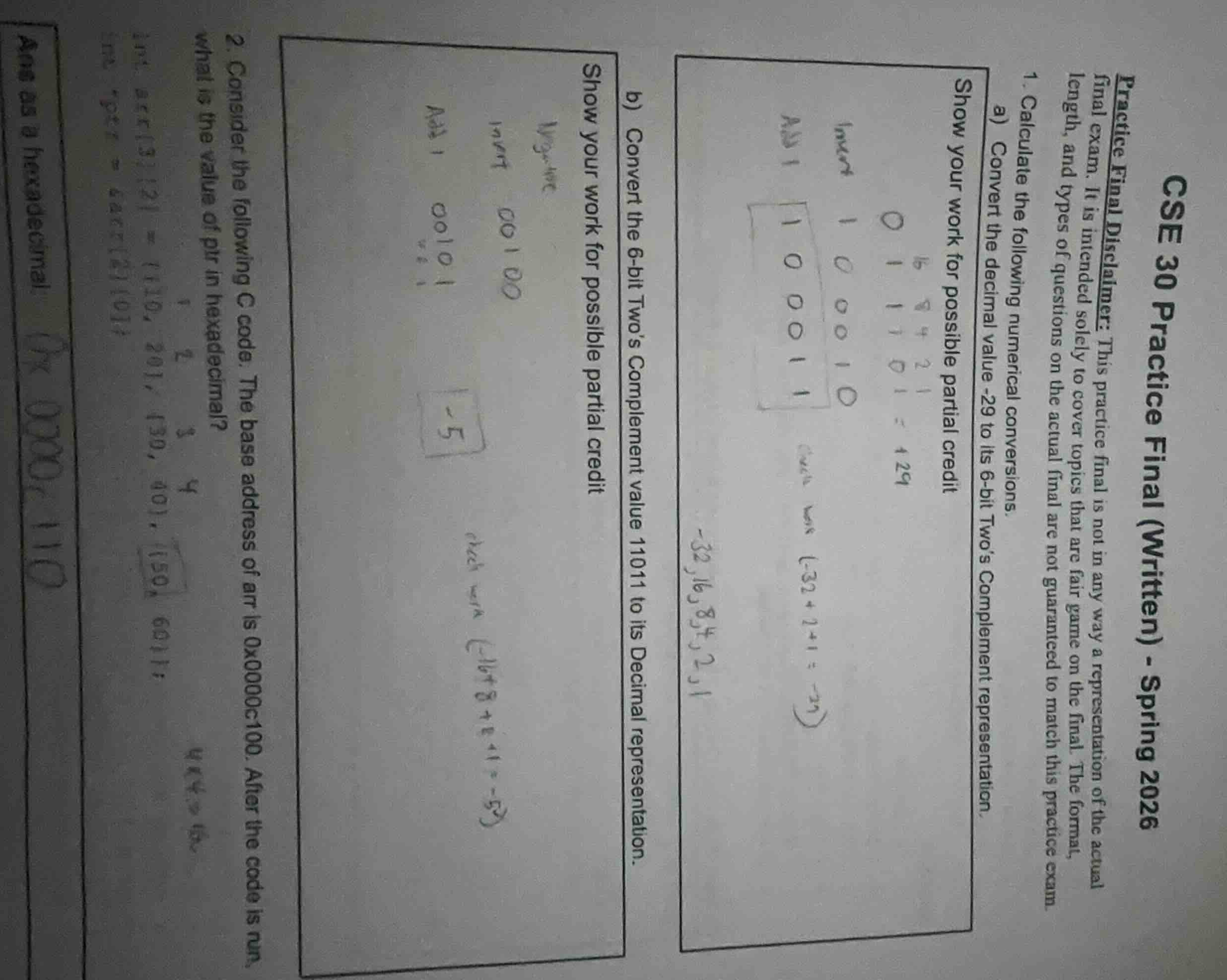 cse 30 practice final (written) - spring 2026 practice final disclaimer…