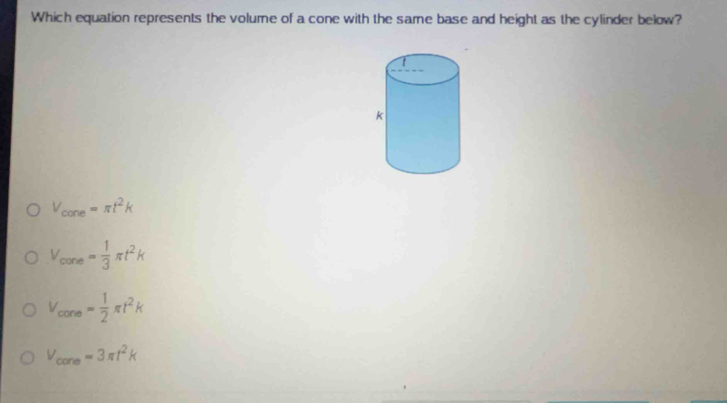 which equation represents the volume of a cone with the same base and h…