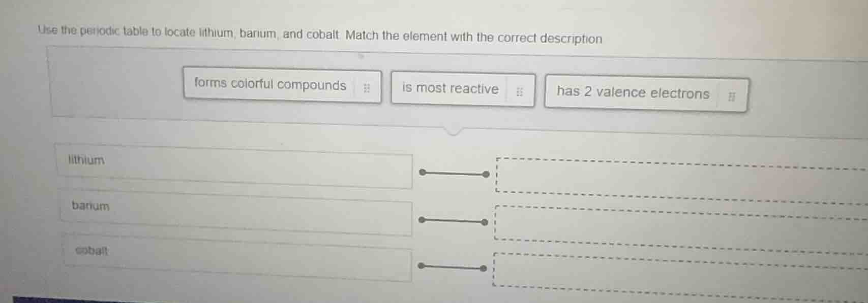 use the periodic table to locate lithium, barium, and cobalt. match the…