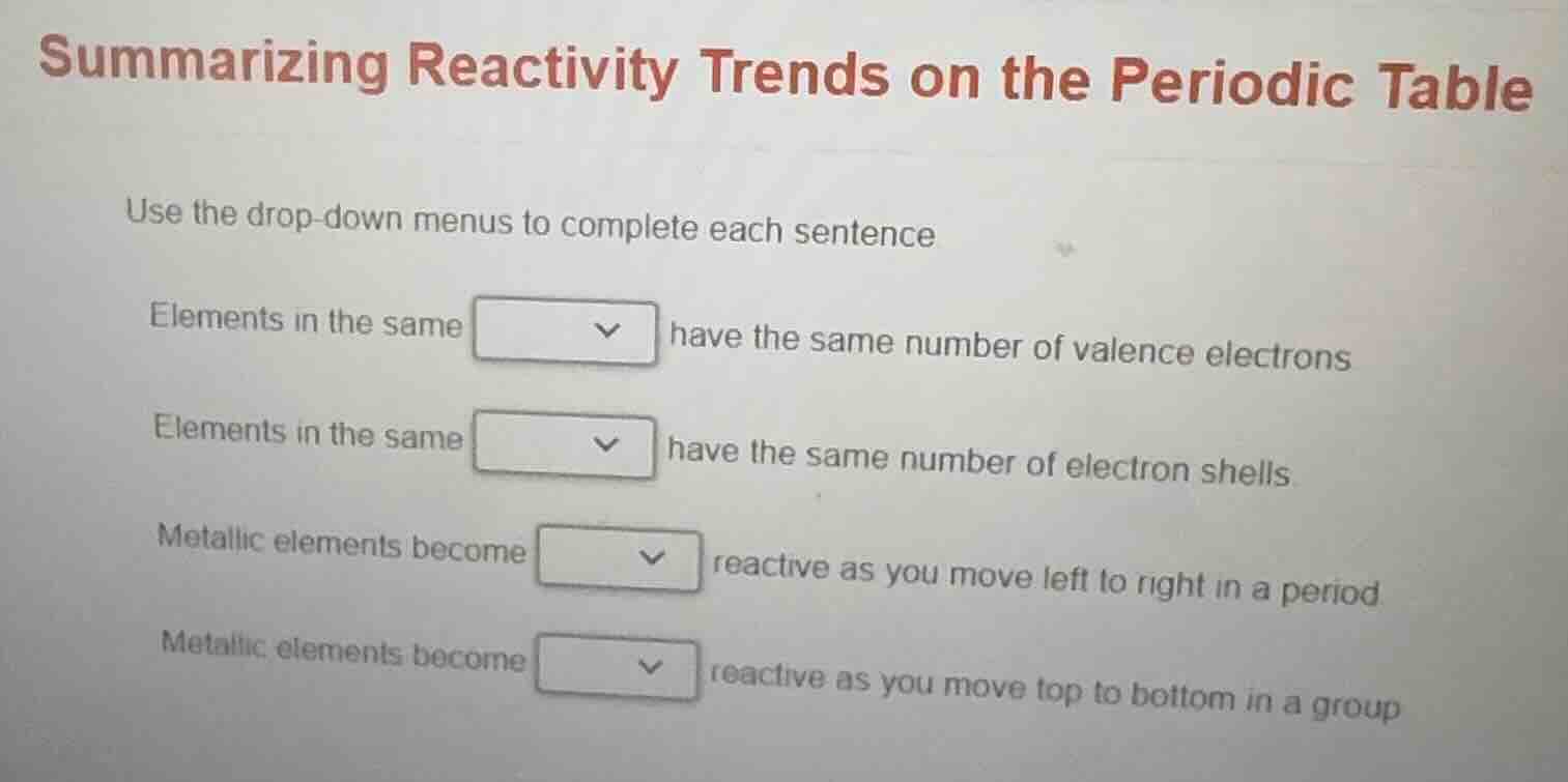 summarizing reactivity trends on the periodic table use the drop-down m…