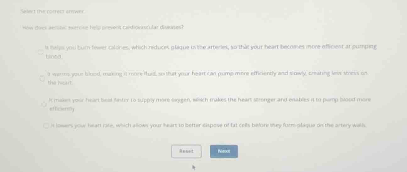 select the correct answer. how does aerobic exercise help prevent cardi…