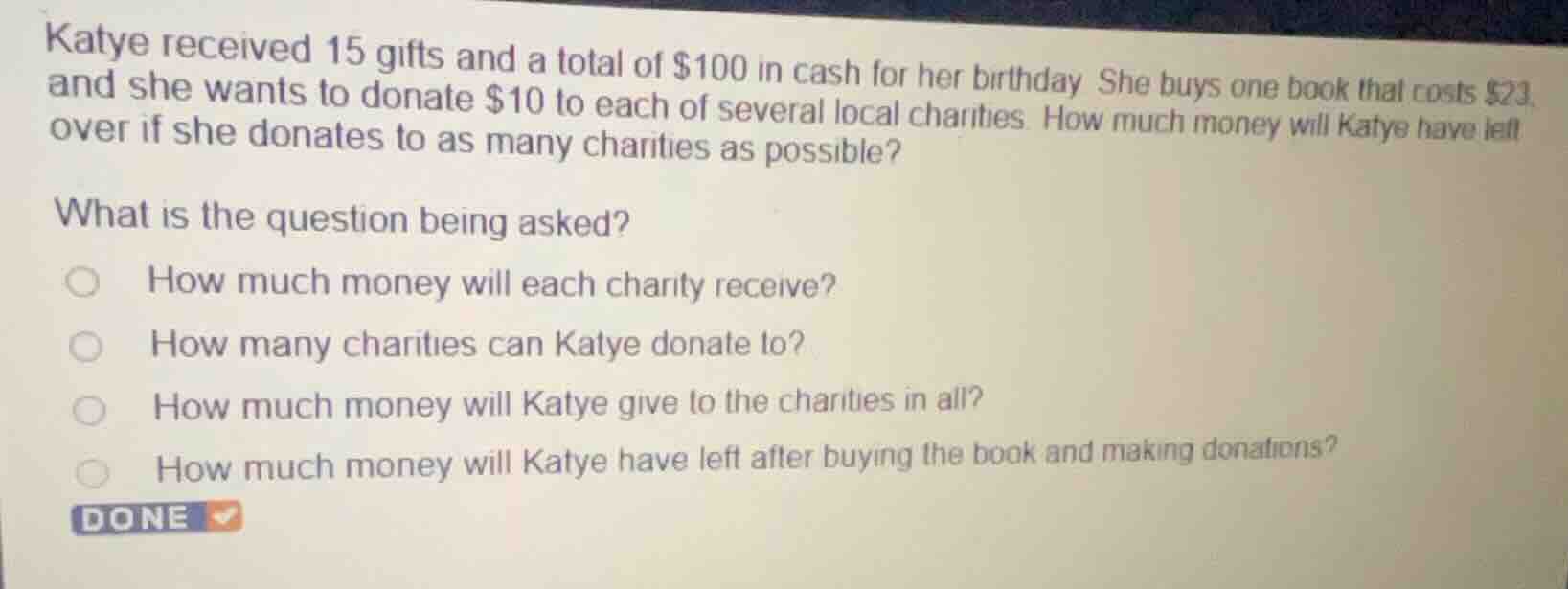 katye received 15 gifts and a total of $100 in cash for her birthday. s…