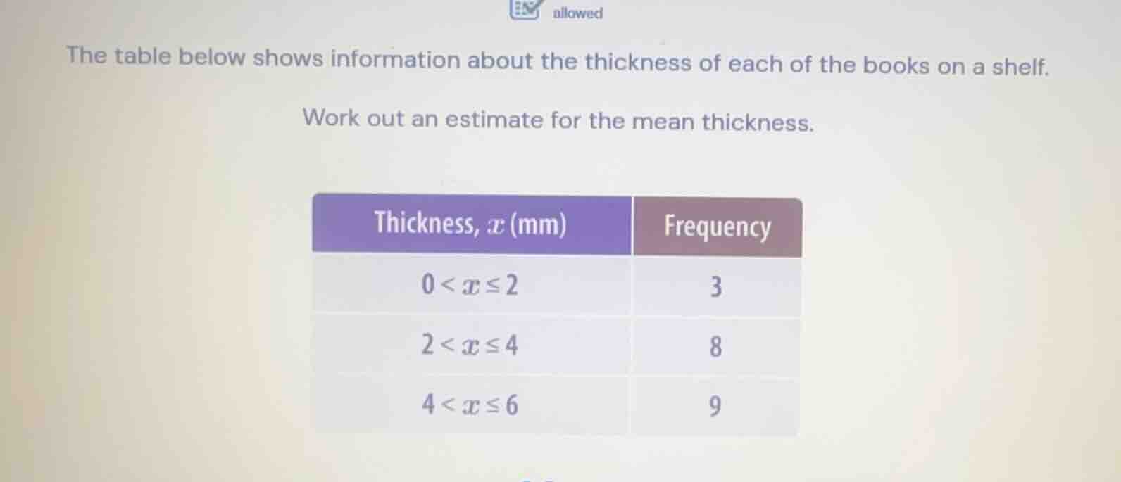 the table below shows information about the thickness of each of the bo…