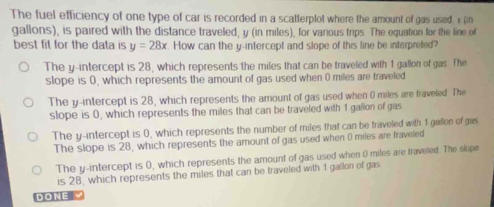 the fuel efficiency of one type of car is recorded in a scatterplot whe…