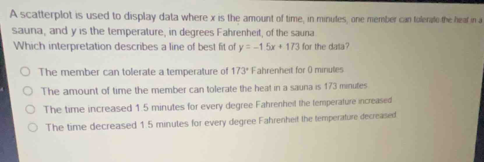 a scatterplot is used to display data where x is the amount of time, in…