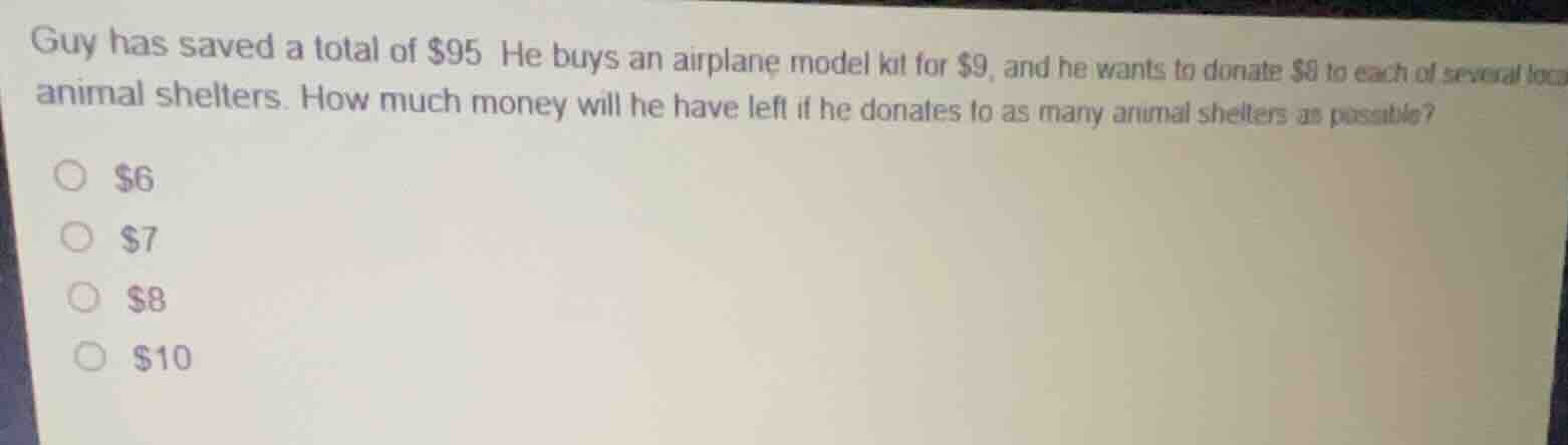 guy has saved a total of $95. he buys an airplane model kit for $9, and…