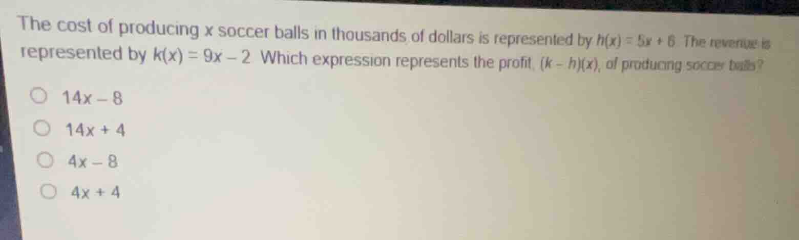 the cost of producing x soccer balls in thousands of dollars is represe…