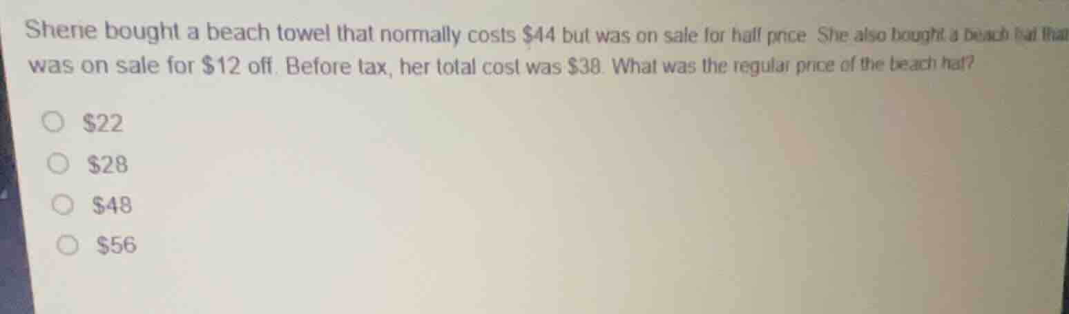 sherie bought a beach towel that normally costs \\$44 but was on sale f…