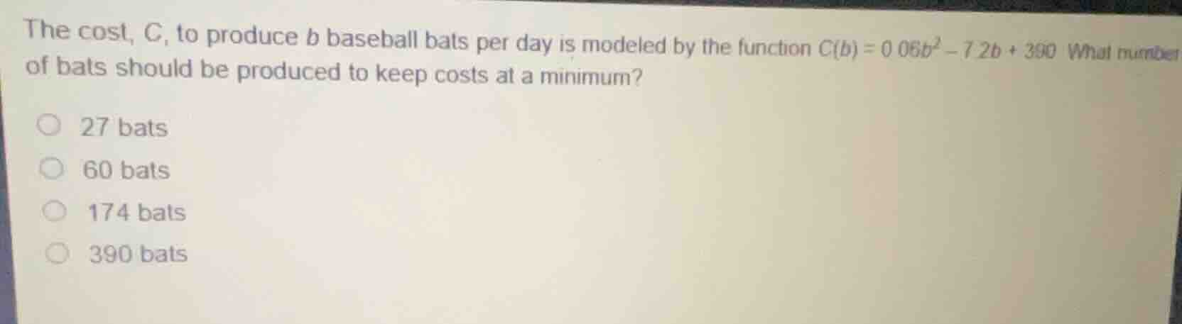 the cost, \\(c\\), to produce \\(b\\) baseball bats per day is modeled …