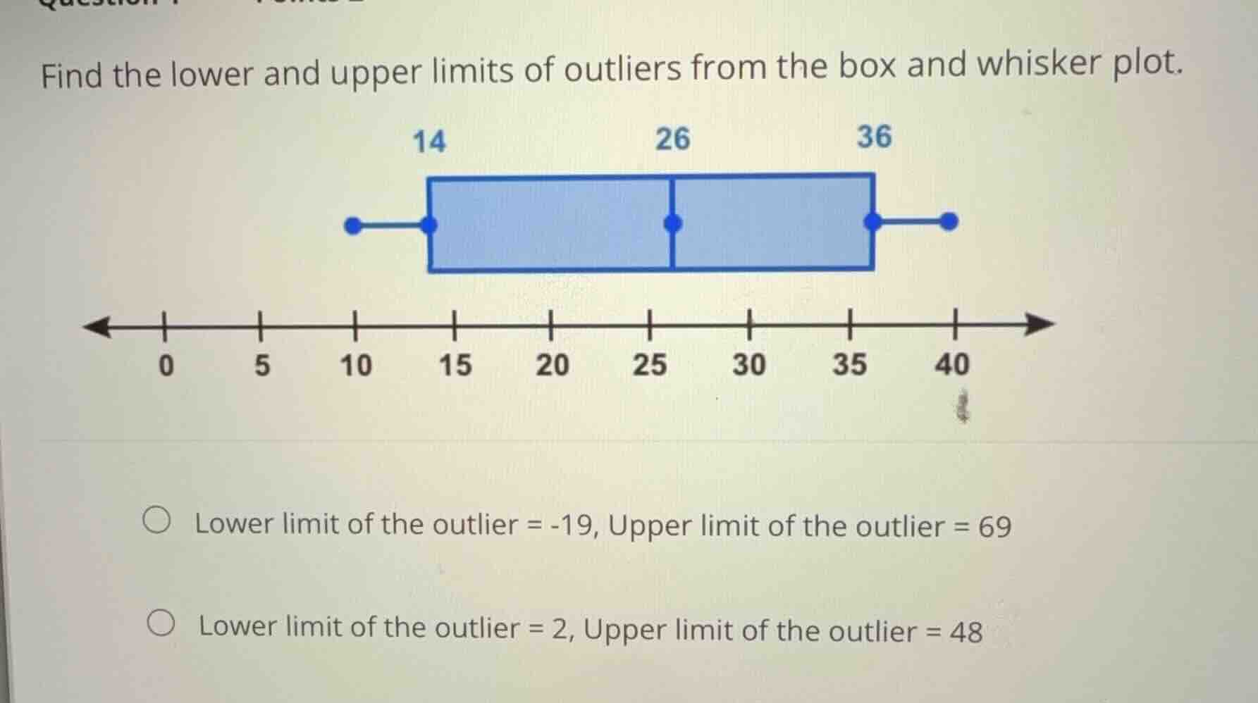 find the lower and upper limits of outliers from the box and whisker pl…