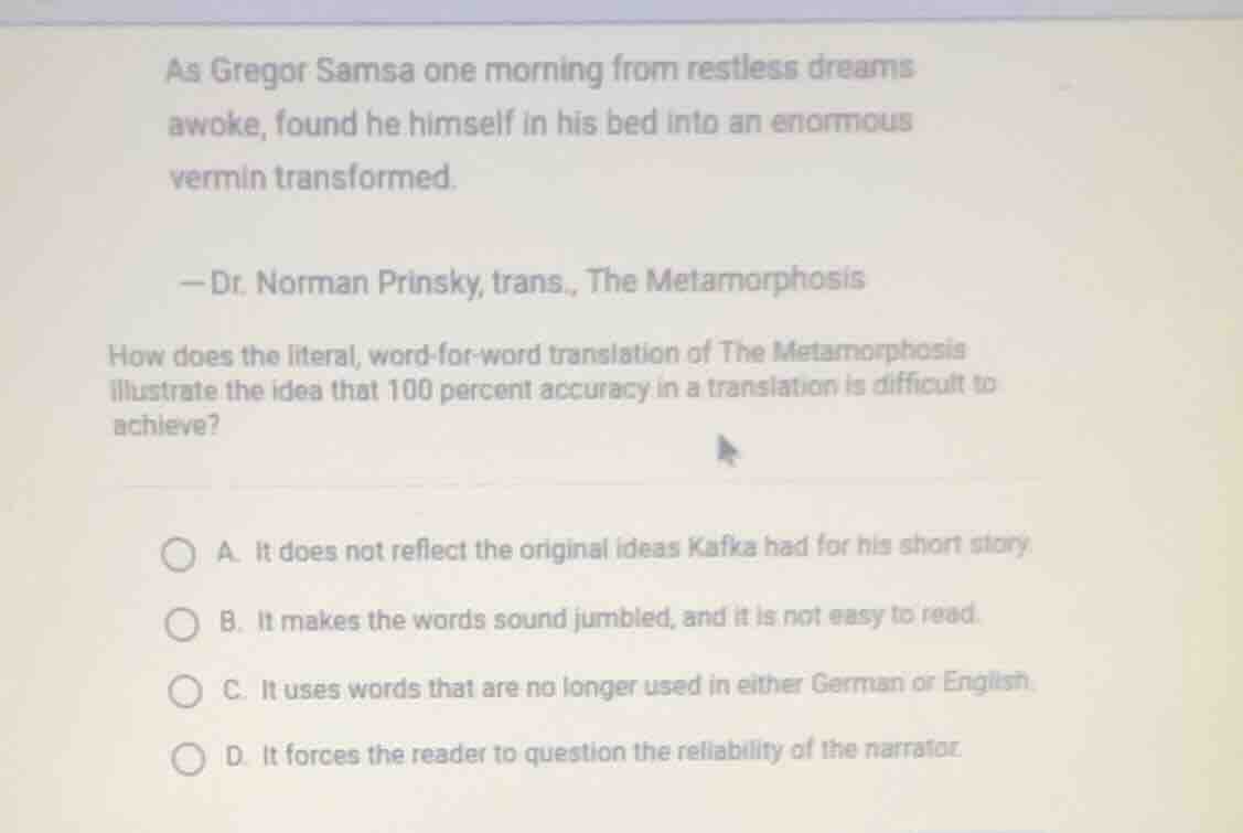 as gregor samsa one morning from restless dreams awoke, found he himsel…