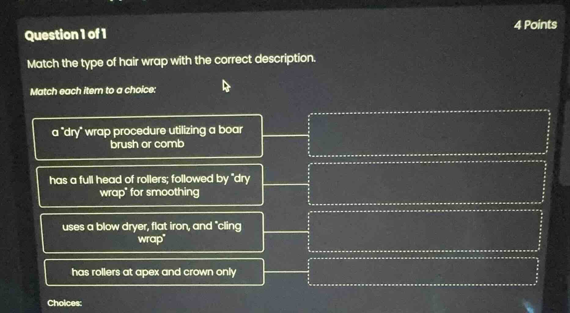 question 1 of 1 match the type of hair wrap with the correct descriptio…