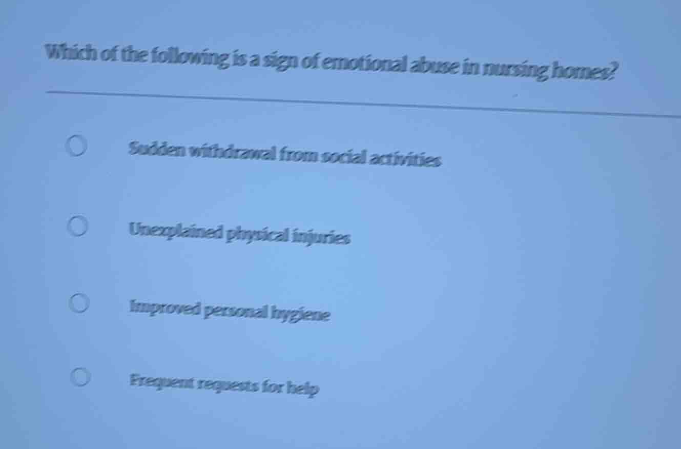 which of the following is a sign of emotional abuse in nursing homes? s…