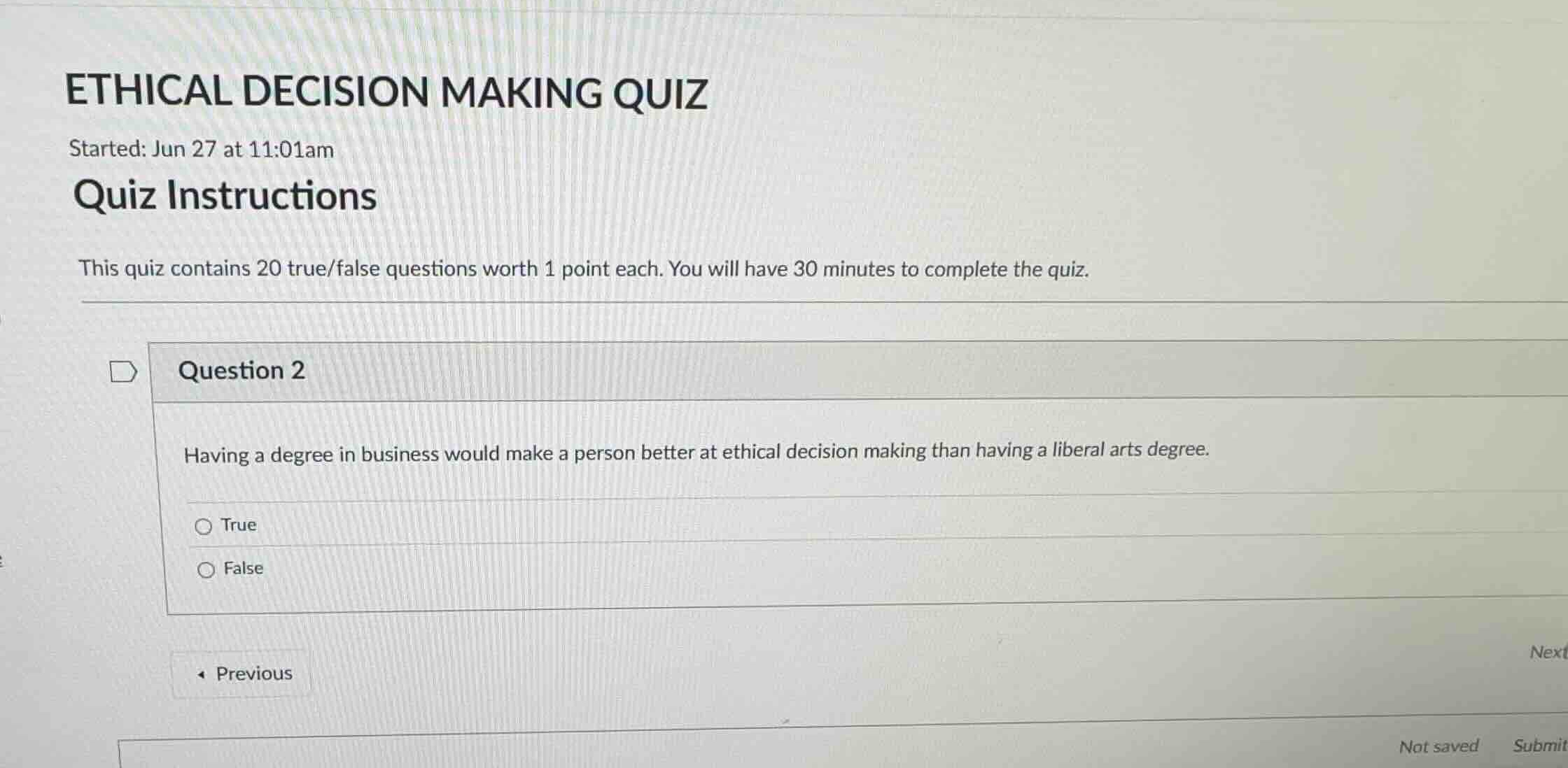 ethical decision making quiz started: jun 27 at 11:01am quiz instructio…