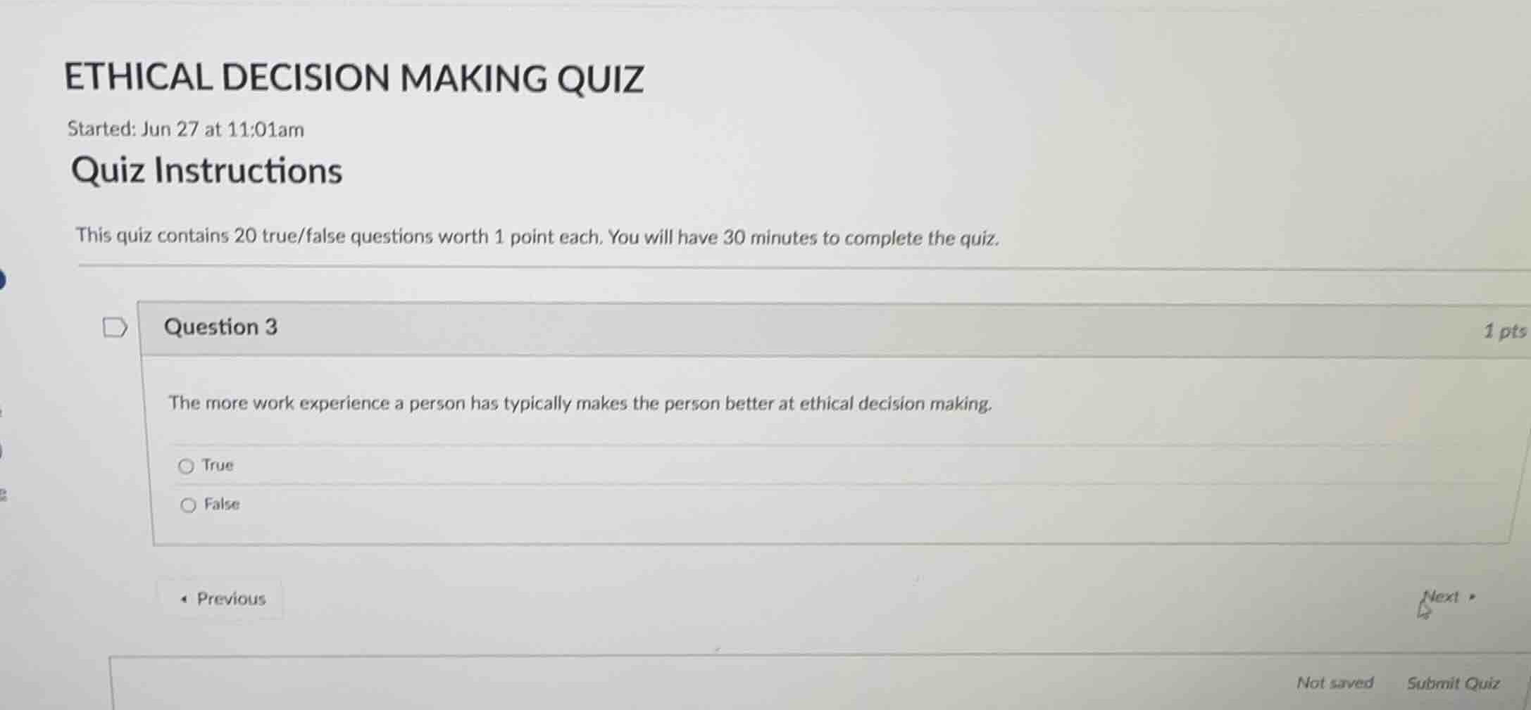 ethical decision making quiz started: jun 27 at 11:01am quiz instructio…