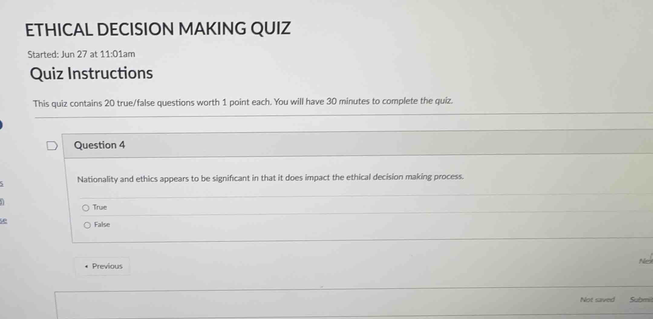 ethical decision making quiz started: jun 27 at 11:01am quiz instructio…