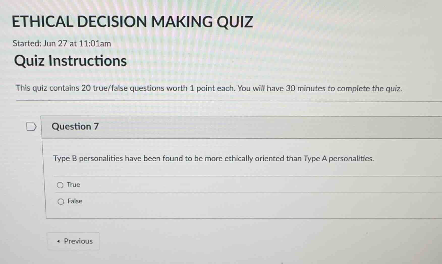 ethical decision making quiz started: jun 27 at 11:01am quiz instructio…