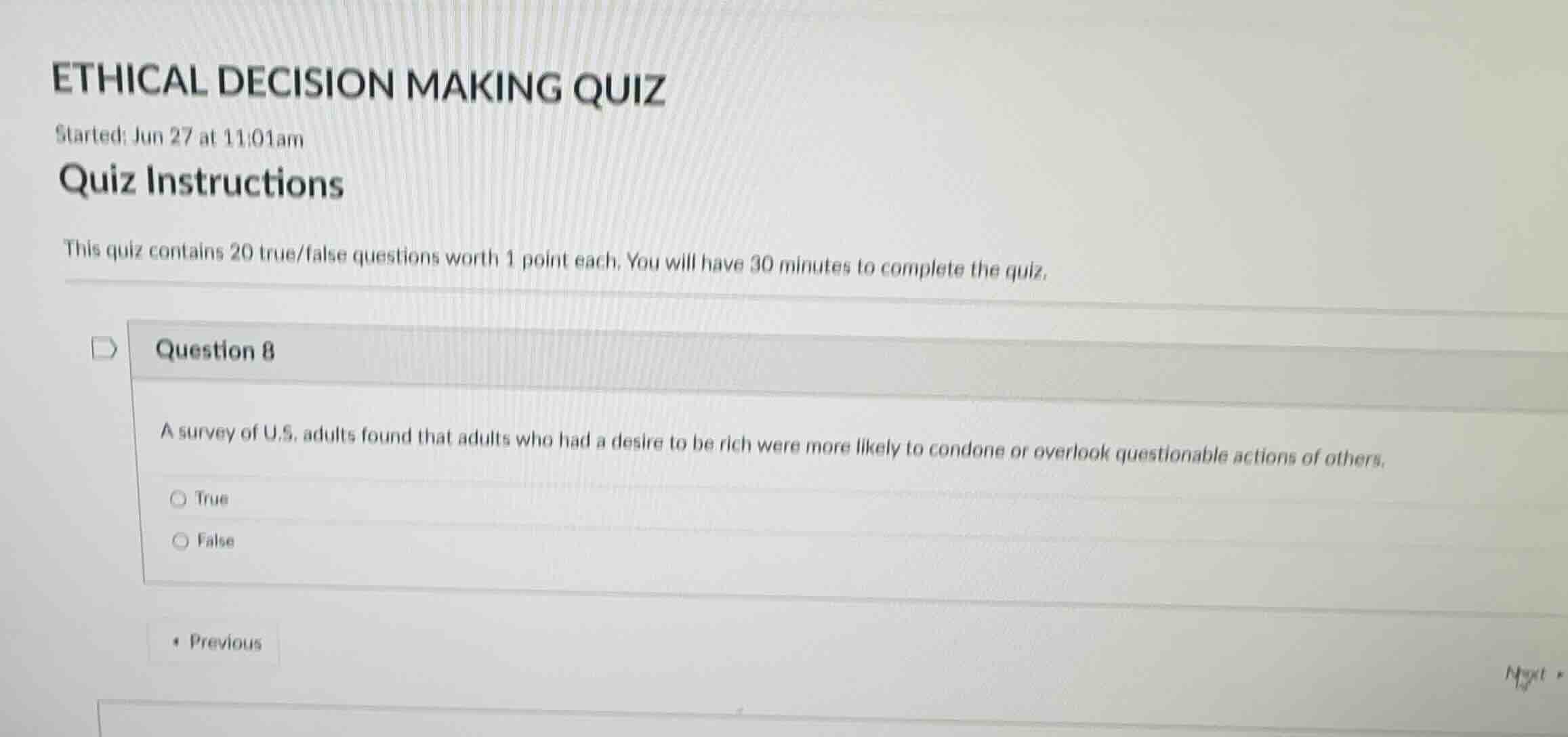 ethical decision making quiz started: jun 27 at 11:01am quiz instructio…