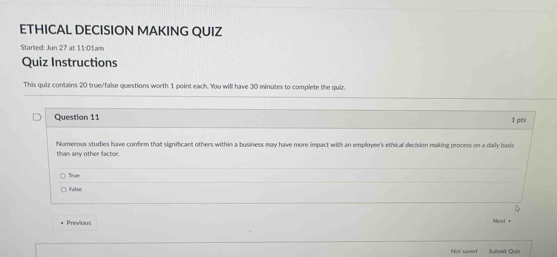 ethical decision making quiz started: jun 27 at 11:01am quiz instructio…