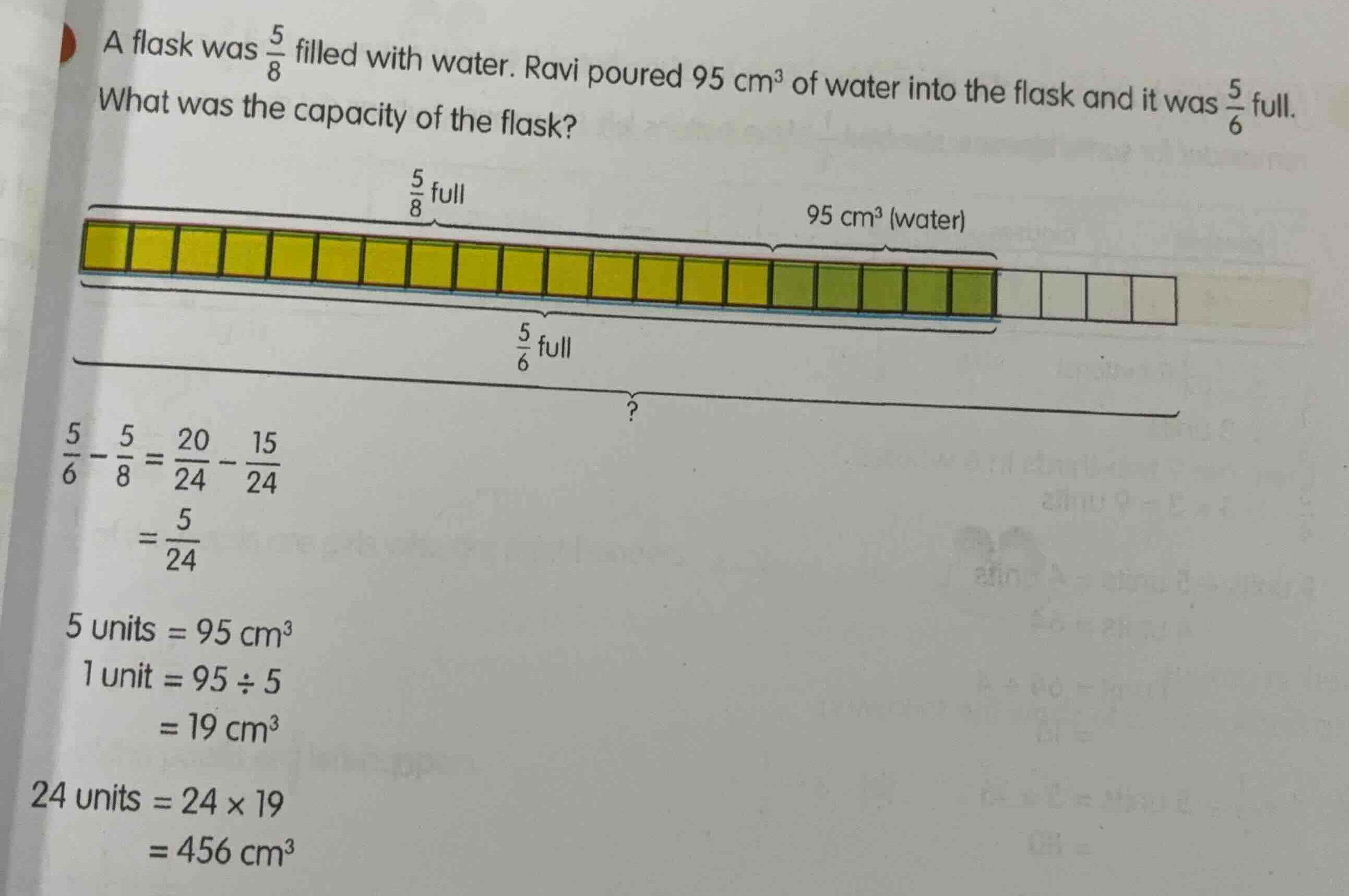 a flask was \\(\\frac{5}{8}\\) filled with water. ravi poured \\(95\\te…