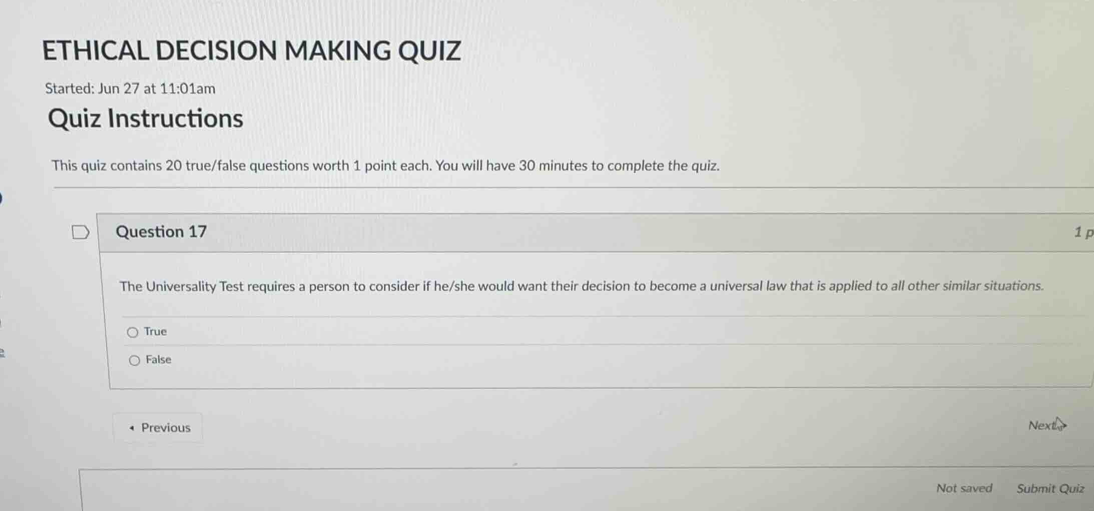 ethical decision making quiz started: jun 27 at 11:01am quiz instructio…
