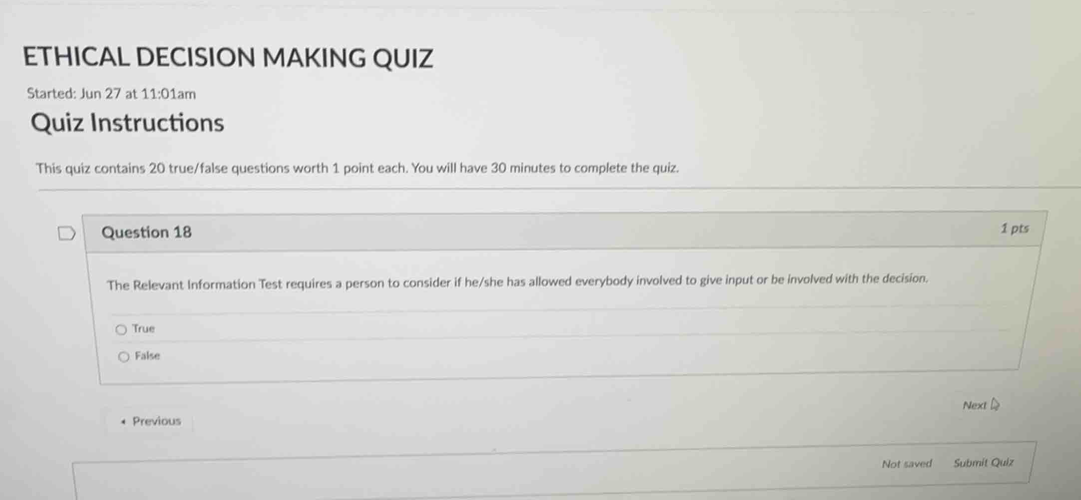ethical decision making quiz started: jun 27 at 11:01am quiz instructio…