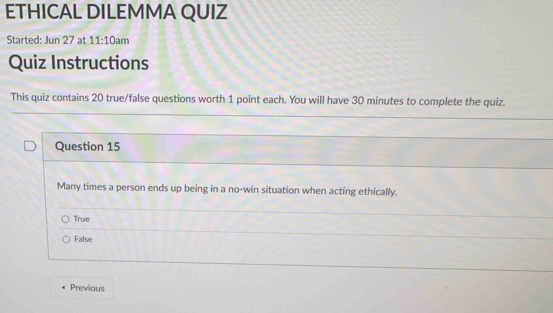 ethical dilemma quiz started: jun 27 at 11:10am quiz instructions this …