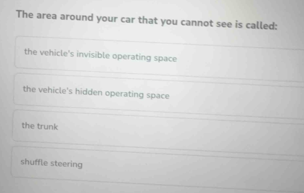 the area around your car that you cannot see is called: the vehicles in…