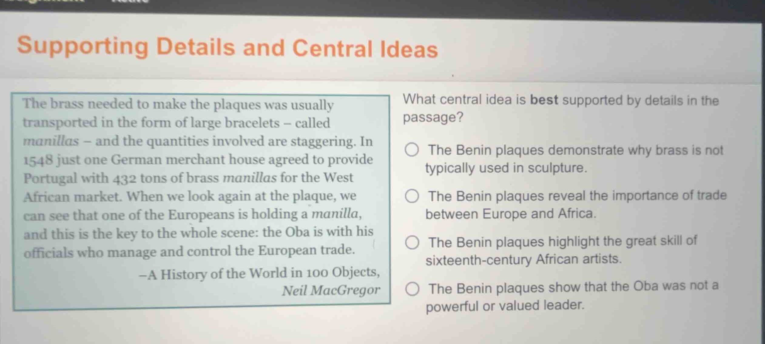 supporting details and central ideas the brass needed to make the plaqu…