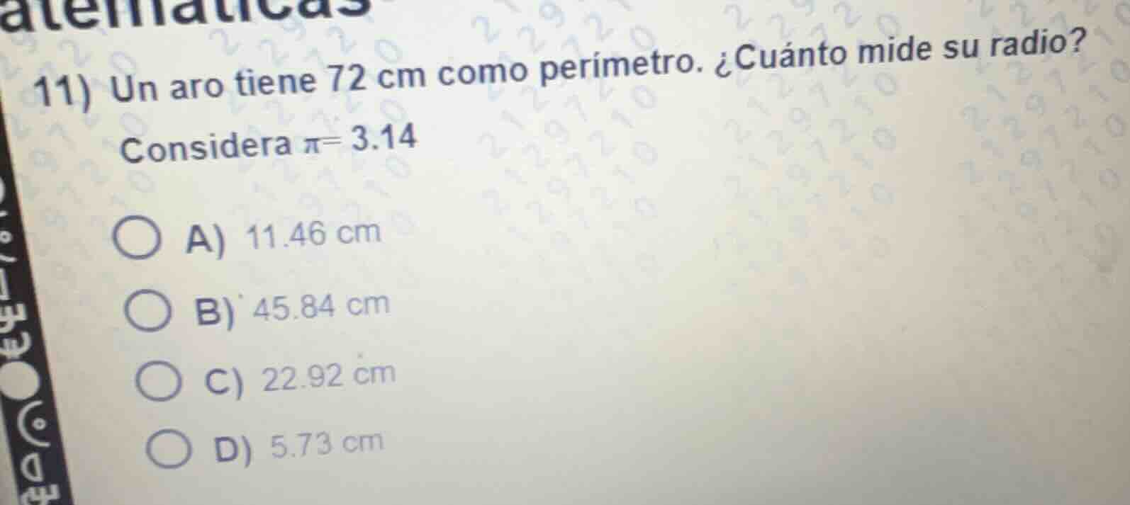11) un aro tiene 72 cm como perímetro. ¿cuánto mide su radio? considera…