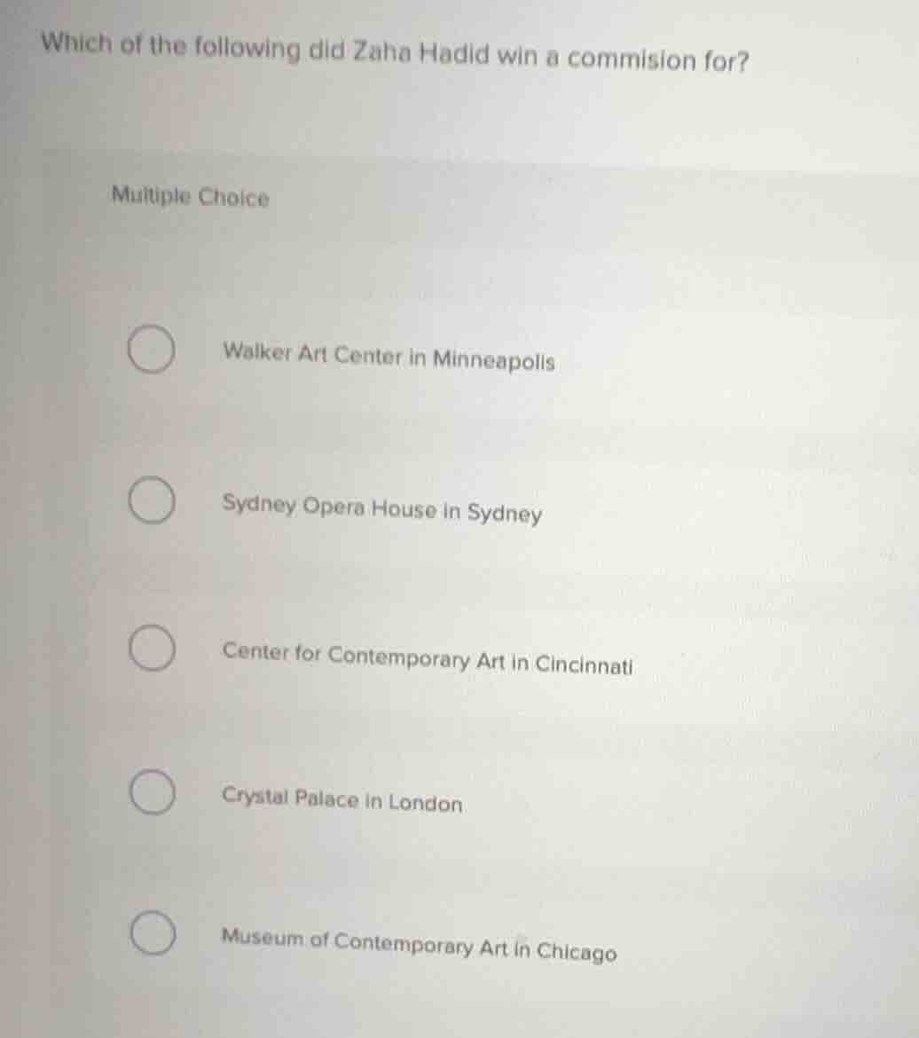 which of the following did zaha hadid win a commision for? multiple cho…