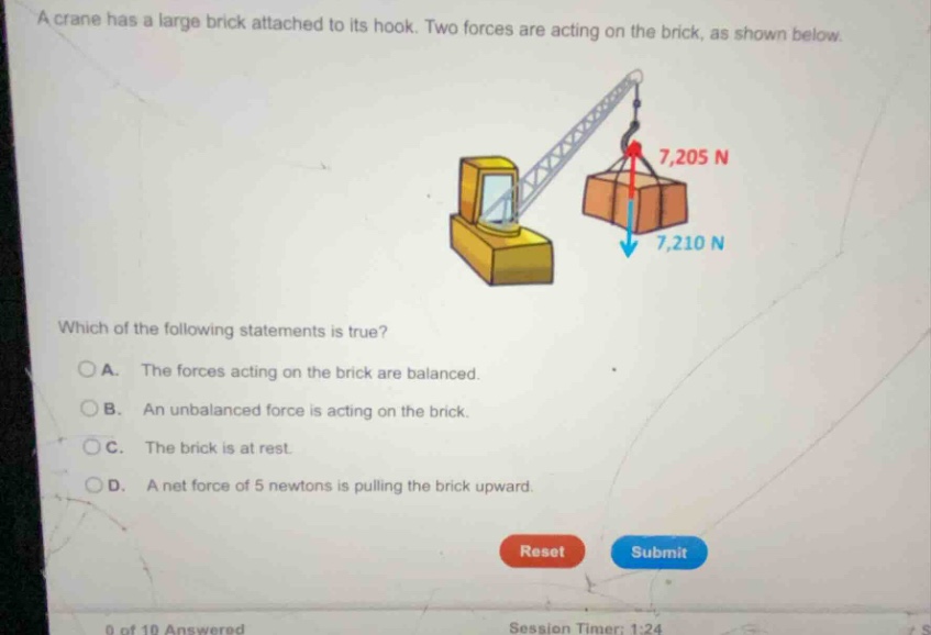 a crane has a large brick attached to its hook. two forces are acting o…