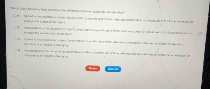 which of the following best describes the difference between speed and …