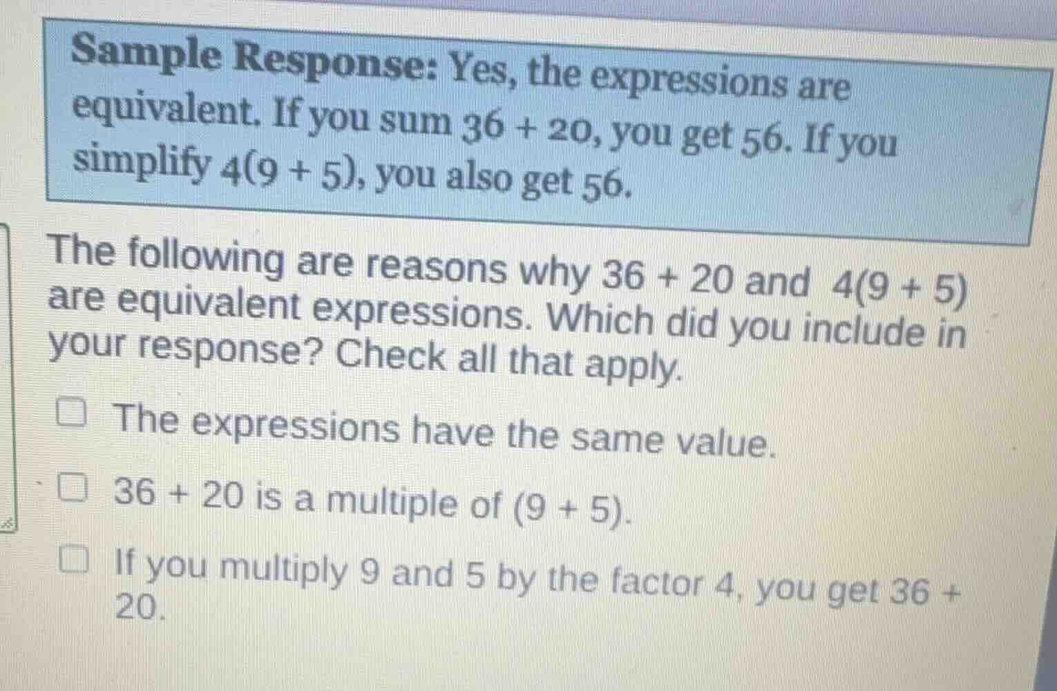 sample response: yes, the expressions are equivalent. if you sum \\(36 …