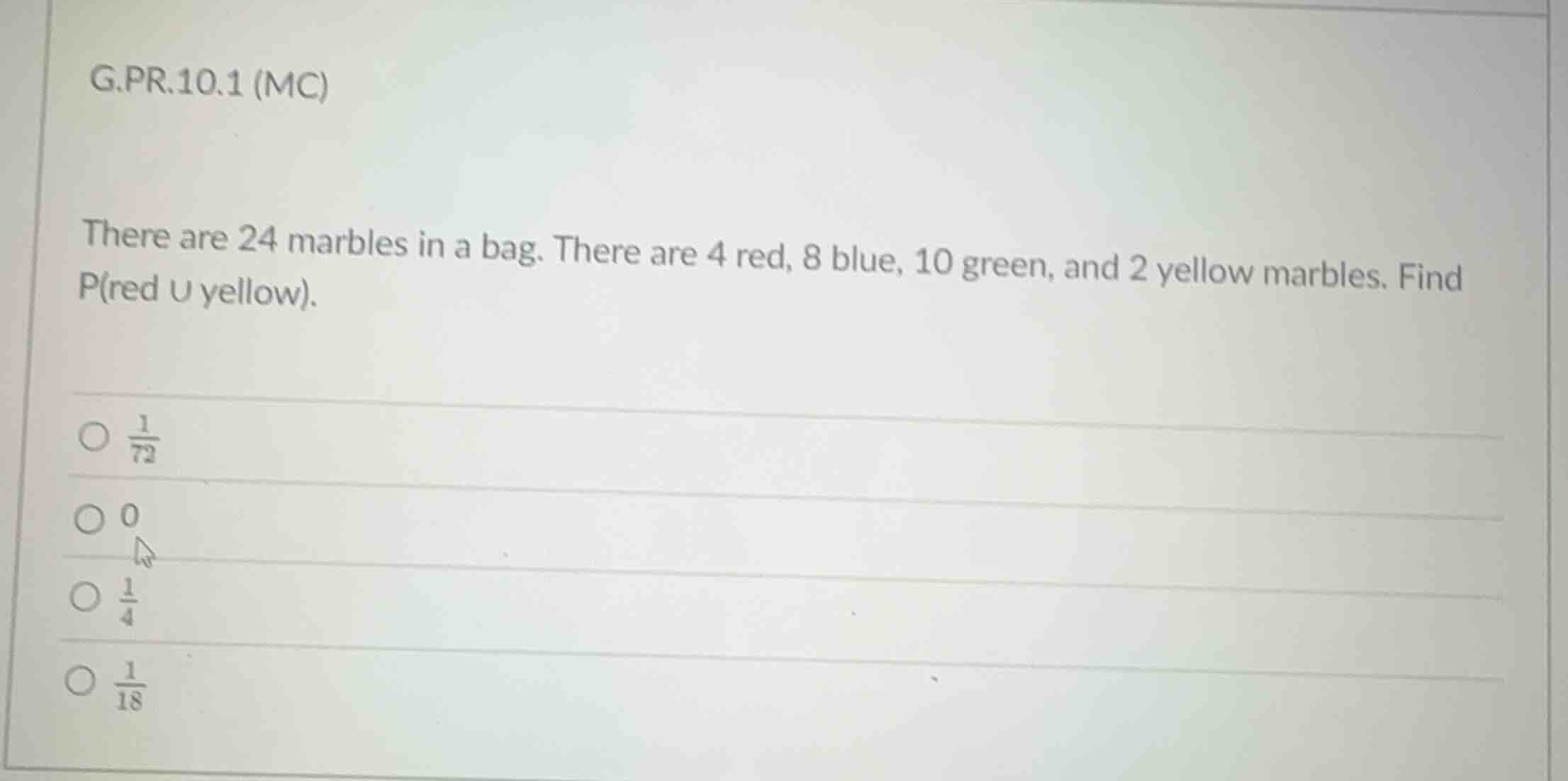g.pr.10.1 (mc) there are 24 marbles in a bag. there are 4 red, 8 blue, …
