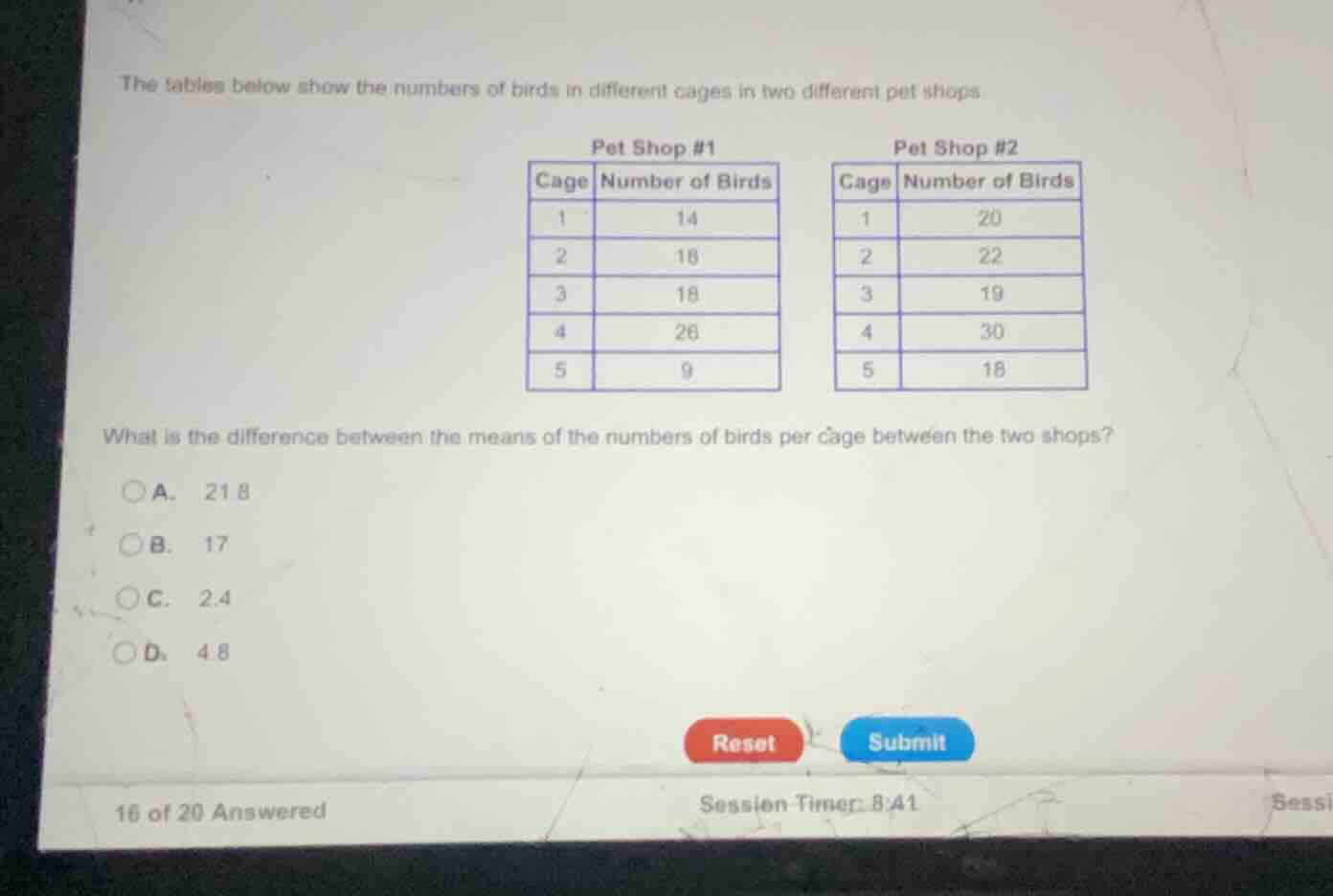the tables below show the numbers of birds in different cages in two di…