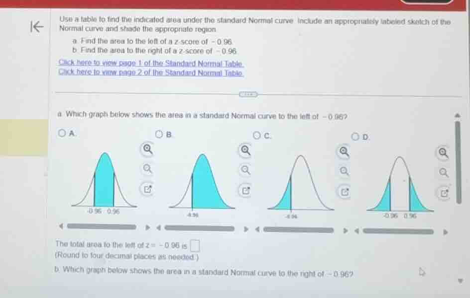 use a table to find the indicated area under the standard normal curve.…