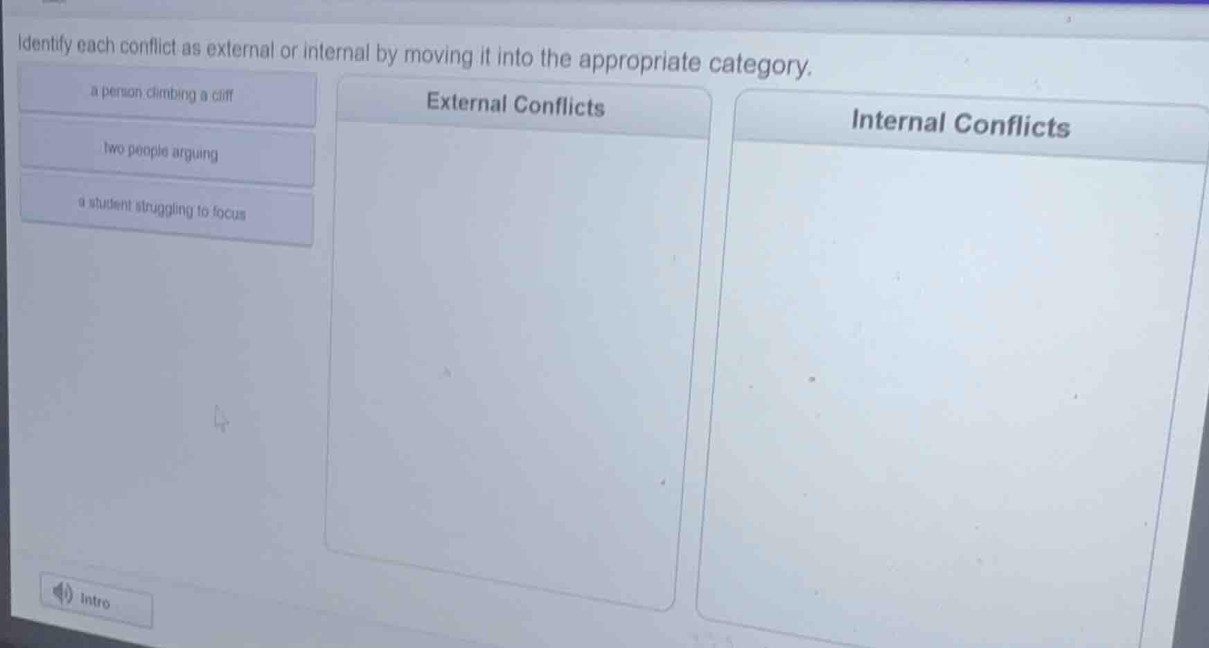 identify each conflict as external or internal by moving it into the ap…